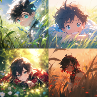 日漫高中生少年黑色头发绿色眼睛痞帅站在草地，中心构图，日系风格，中长焦镜头，侧逆光，微风，微笑，冷色调，帅气。