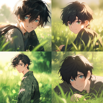 日漫高中生少年黑色头发绿色眼睛痞帅站在草地，中心构图，日系风格，中长焦镜头，侧逆光，微风，微笑，冷色调，帅气。