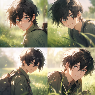 日漫高中生少年黑色头发绿色眼睛痞帅站在草地，中心构图，日系风格，中长焦镜头，侧逆光，微风，微笑，冷色调，帅气。