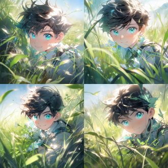 日漫高中生少年黑色头发绿色眼睛痞帅站在草地，中心构图，日系风格，中长焦镜头，侧逆光，微风，微笑，冷色调，帅气。