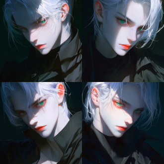 帅哥，银发绿眼红唇长白睫毛，侧光打在脸上，黑色背景墙，特写，冷色调，高清晰度，神秘。