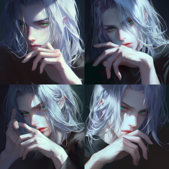 帅哥，银发绿眼红唇长白睫毛，侧光打在脸上，黑色背景墙，特写，冷色调，高清晰度，神秘。