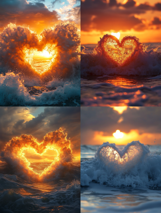 海边落日下，海浪形成巨大的心形且有火烧云，中心构图，暖色调，长焦镜头，逆光，平静，唯美壮观。