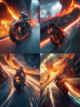 魔幻骑士骑超现代摩托车在蜿蜒道路飞驰，火山爆发背景，尾灯线，动感镜头，冷色调，逆光，超广角镜头，炫酷。