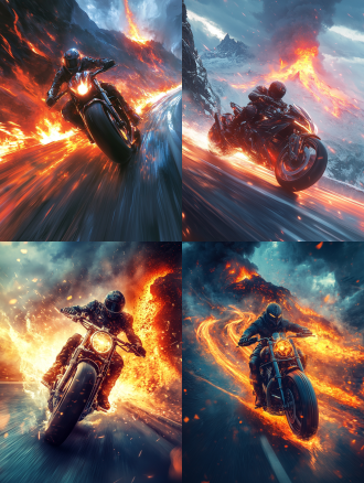 魔幻骑士骑超现代摩托车在蜿蜒道路飞驰，火山爆发背景，尾灯线，动感镜头，冷色调，逆光，超广角镜头，炫酷。