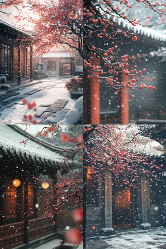 漫天大雪，红梅，古风院落，大雪，大风，大师级构图，电影级画面，超高清，低饱和度，橙光，氛围感