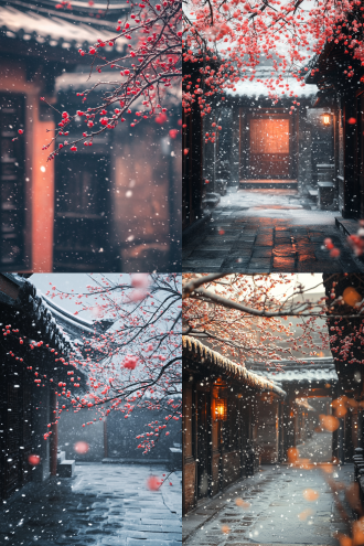 漫天大雪，红梅，古风院落，大雪，大风，大师级构图，电影级画面，超高清，低饱和度，橙光，氛围感