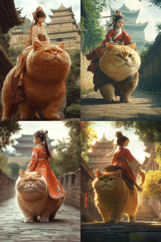 鹅黄古装的小女娃骑巨大肥猫走向古城池，肥猫金黄，道路绿树，城墙高耸，写实风格，暖色调，长焦镜头，侧逆光，灵动，好奇。