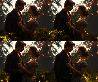 花园里，男人和女人手牵手，全身。梦幻氛围。细节丰富，电影灯光。高清。广角镜头。