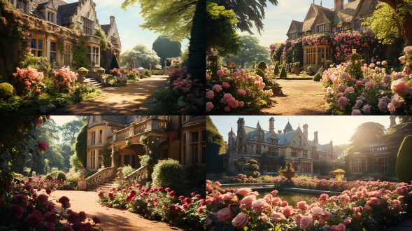 19世纪英式庄园，有花园，开满玫瑰花。氛围梦幻。细节丰富，高清，广角镜头。