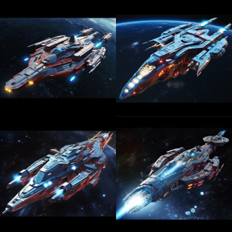 宇宙飞船在星际间航行，中心构图，星空背景，科幻风格，冷色调，长焦镜头，逆光，高速飞行，金属质感，神秘。