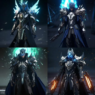 队长身着高科技战甲的战士形象，正面构图，科幻风格，战场上，冷色调，长焦镜头，逆光，坚毅表情，战斗姿态，英勇。