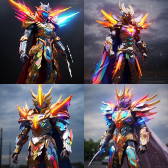 彩虹色未来战士战甲，正面站姿，丰富色彩，有披风裙摆剑面罩和喷气翅膀，高饱和度，逆光，中长焦镜头，希望，英勇。