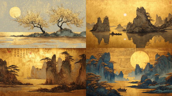 帮我生成一张图片：金箔岩彩，磨砂肌理绘画，中国风，金色系，杰作，大师构图，笔触感，肌理感。而或长烟一空，皓月千里，浮光跃金，静影沉璧，渔歌互答，此乐何极！磨砂肌理绘画，大面积贴金、描金、酒金，简洁，工笔，大气，装饰，壁画，复古，做旧，斑驳感，大面积留白，禅意，
