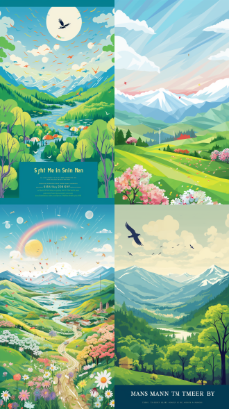 夏日海报，春雨润山，绿树成荫，远山朦胧，樱花盛开，粉瓣飘落，纸鸢点缀，绿意盎然，晴天背景，有彩虹，彩色线条平涂风格，绿色调为主，俯瞰视角，梵高画风，天空俯视。