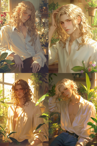 a handsome male bust, bjd features, low-necked shirt, drunk, blushing, long beige curly hair, mole under his eye, long eyelashes, warm sunlight, flower room, potted plants, gardening decorations, gardening tools, greenery, top quality, 8k
