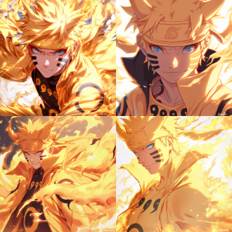 日本漫画《火影忍者》漩涡鸣人，九尾模式，成熟稳重，表情凶狠，金色短发、蓝色眼眸、阳光笑容、橙色火影披风、漩涡一族的标志、脸上六道胡须状纹理、强大的金色的查克拉气息弥漫四周