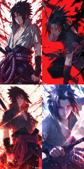 日本漫画《火影忍者》佐助一头飘逸的黑色长发随风轻扬，那冷酷的眼神仿佛能穿透人心，让人不寒而栗。他那标志性的宇智波家族写轮眼，神秘而强大，蕴含着无尽的力量。身着深色忍者服，贴合身形，行动时毫无阻碍。 他手中紧握着锋利无比的草雉剑，咒印纹路若隐若现，散发着诡异的气息，红色的强大的查克拉气息弥漫四周，动态光影。