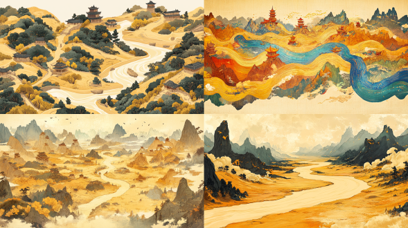 横幅长卷，地图的形式摆放十三个关卡的造型，黄河地形做成飘带造型，连接十三个关卡，体现丝绸之路，沙画风格，粒子特效。重点突出嘉峪关，沙漠黄色调，手绘，卡通，横排版