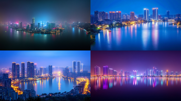 杭州滨江区夜景，高楼林立灯光璀璨，水平构图，16k超高清，冷色调，夜景模式，广角，俯拍，平静。