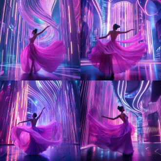 美女，建筑，美女在建筑中跳舞，建筑细节，未来科技建筑，舞会，宏大场面，zaha风格建筑，精致服装，霓虹灯，华丽舞台，繁华，热闹，舞蹈