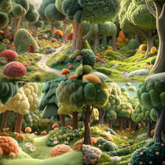 森林，卡通风格，三位立体，c4d渲染，饱和度高，细节刻画，毛线质感，温馨。