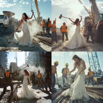 美女穿婚纱拿大锤打钢筋农民工相伴，中景，冷色，纪实，标准镜头，侧逆光，劳作，荒诞，吊车水泥搅拌车。