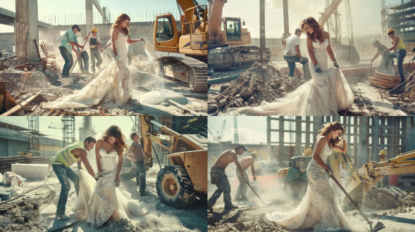 女子穿脏婚纱工地搅拌水泥，农民工打钢筋，画面混乱，中景构图，工地环境，灰尘弥漫，平光，写实风格，冷色调，荒诞。 电影风格 废墟 全身 象牙白 尼尔森