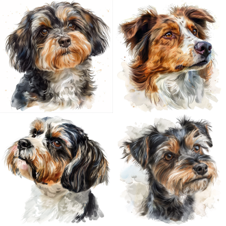 狗狗，肖像，突出主体脸部，头部细节，水彩风格，毛发细节真实，白底抠像图