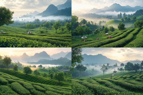 广东喀斯特地貌的中国茶园黎明景，对角线构图，超写实地形渲染，体积雾含茶香粒子，暖色调，广角镜头，侧逆光，宁静氛围，电影光效，16:9。