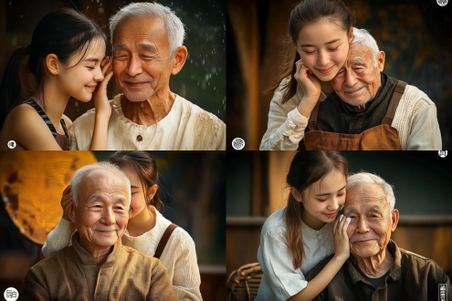 女生给老爷爷擦汗，对称构图，温馨氛围，户外公园，长焦镜头，暖光，轻柔动作，友善表情，暖色调，感动。