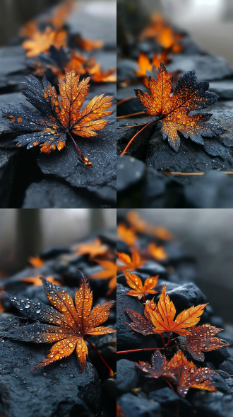 黑色石头与暗红色枫叶，三分法构图，森林中，冷色调，微距镜头，逆光，静态，鲜明对比，宁静。