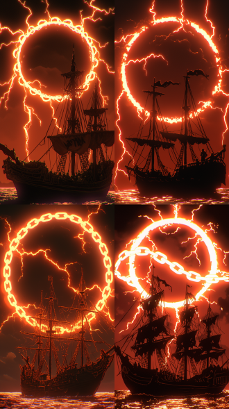 黑海上红舟行驶，三分构图，宏大场景，写实风格，阴沉环境，长焦镜头，侧逆光，慢快门，破浪前行，坚毅，深沉红黑主色调。