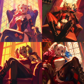 哈莉·奎茵穿裙子与紧身衣坐椅子上，居中构图，漫画风格，室内环境，标准镜头，暖光，静止姿态，小丑元素，鲜艳色彩，搞怪神情。