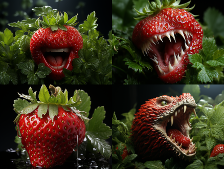 红色草莓拟人化，张嘴露齿闭眼似呼喊，下有绿叶片，深色背景，特写，暖色调，生动，想象力，顶光，趣味。
