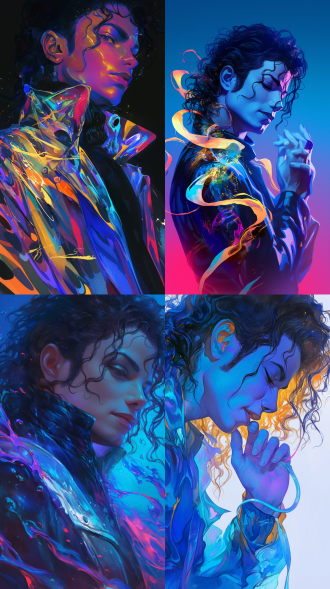 迈克尔·杰克逊形象印于织物，有海浪纹等图案，霓虹丝线发光，金属质感虹彩，现代时尚风，三分构图，冷光，特写，精致活力。