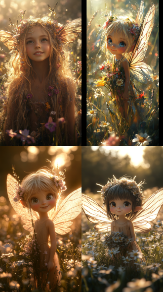 可爱小仙子头戴鲜花被花环绕，笑脸萌态，卡通风，水彩喷枪粉彩，中心构图，暖色调，微距镜头，侧逆光，高清锐化，梦幻。