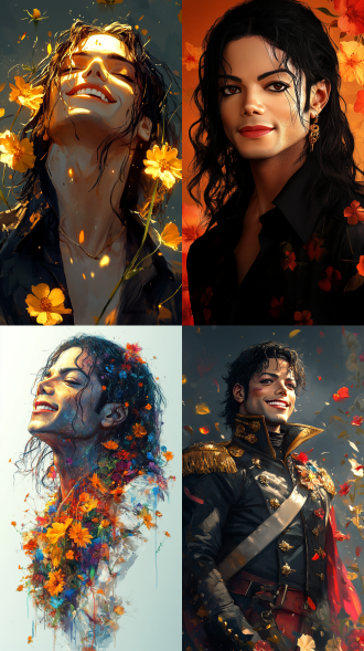 迈克尔·杰克逊头戴鲜花被花环绕，可爱笑脸微笑，卡通风，水彩喷枪粉彩，高分辨率，锐利焦点，超写实，暖色调，正面光。