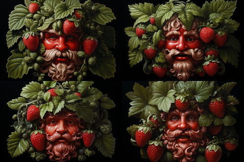 红色拟人草莓张嘴露齿闭眼呼喊，下衬绿叶片，深色背景，特写，暖色调，顶光，生动有趣，具想象力。