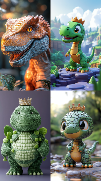 一条华丽的绿金色卡通风格霸王龙，身上布满鳞片，头戴帝王冠冕，身躯修长，神情威严，背景为紫色，有着鳞片纹理，采用blender软件渲染，纯色背景。运用cinema 4d软件进行皮克斯风格的3d渲染，采用黏土动画角色设计，像素达两千万。整体构图简洁，细节清晰，分辨率高，立体感强，具备独特的雕像系列特征。高清画质。