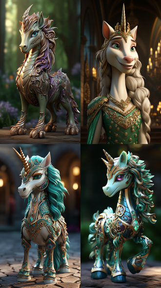 一条华丽的绿金色卡通风格独角兽，身上布满鳞片，头戴帝王冠冕，身躯修长，神情威严，背景为紫色，有着鳞片纹理，采用blender软件渲染，纯色背景。运用cinema 4d软件进行皮克斯风格的3d渲染，采用黏土动画角色设计，像素达两千万。整体构图简洁，细节清晰，分辨率高，立体感强，具备独特的雕像系列特征。高清画质。