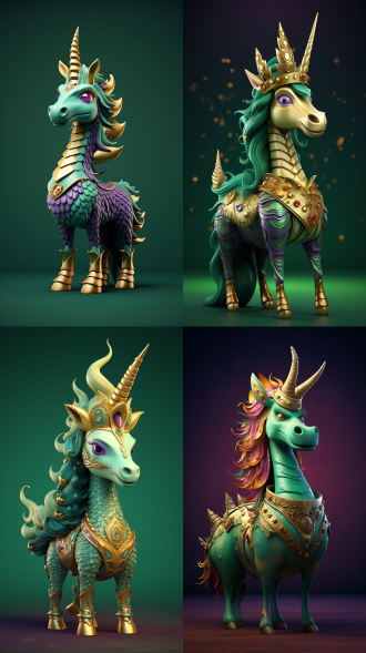 一条华丽的绿金色卡通风格独角兽，身上布满鳞片，头戴帝王冠冕，身躯修长，神情威严，背景为紫色，有着鳞片纹理，采用blender软件渲染，纯色背景。运用cinema 4d软件进行皮克斯风格的3d渲染，采用黏土动画角色设计，像素达两千万。整体构图简洁，细节清晰，分辨率高，立体感强，具备独特的雕像系列特征。高清画质。