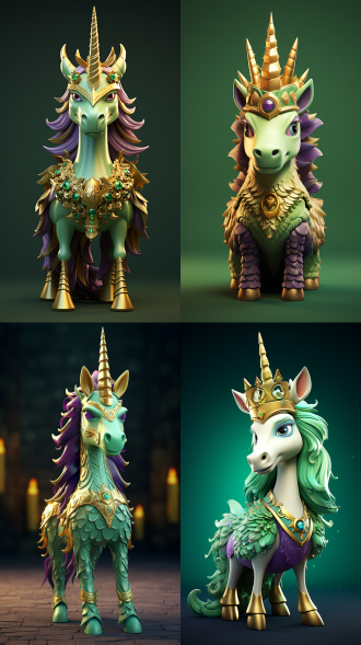 一条华丽的绿金色卡通风格独角兽，身上布满鳞片，头戴帝王冠冕，身躯修长，神情威严，背景为紫色，有着鳞片纹理，采用blender软件渲染，纯色背景。运用cinema 4d软件进行皮克斯风格的3d渲染，采用黏土动画角色设计，像素达两千万。整体构图简洁，细节清晰，分辨率高，立体感强，具备独特的雕像系列特征。高清画质。