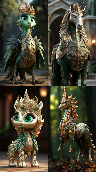 一条华丽的绿金色卡通风格独角兽，身上布满鳞片，头戴帝王冠冕，身躯修长，神情威严，背景为紫色，有着鳞片纹理，采用blender软件渲染，纯色背景。运用cinema 4d软件进行皮克斯风格的3d渲染，采用黏土动画角色设计，像素达两千万。整体构图简洁，细节清晰，分辨率高，立体感强，具备独特的雕像系列特征。高清画质。