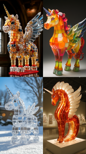 一只美丽的水晶骏马，这是一只形似独角兽的钻石马，其翅膀和身体上镶嵌着闪闪发光的宝石，细节精美，采用真实摄影手法，呈现出高清图像，且有着如玻璃般的质感。