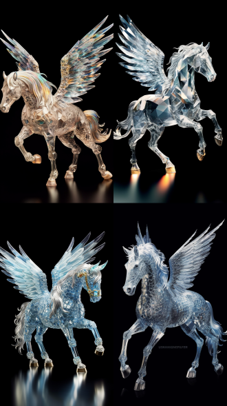一只美丽的水晶骏马，这是一只形似独角兽的钻石马，其翅膀和身体上镶嵌着闪闪发光的宝石，细节精美，采用真实摄影手法，呈现出高清图像，且有着如玻璃般的质感。