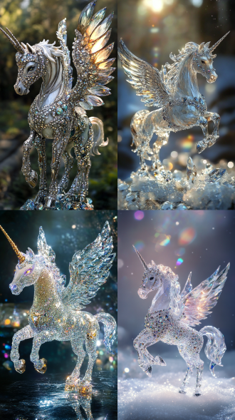 一只美丽的水晶骏马，这是一只形似独角兽的钻石马，其翅膀和身体上镶嵌着闪闪发光的宝石，细节精美，采用真实摄影手法，呈现出高清图像，且有着如玻璃般的质感。