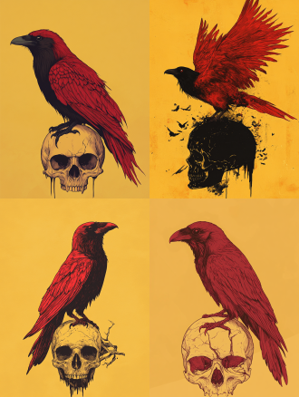 一个乌鸦，全身红色的羽毛，黄色平面背景，在一个骷髅头上