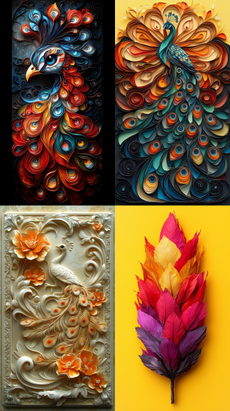 纸艺卷花孔雀全身像，对称构图，室内展示，暖黄背景，微距镜头，顶光，精致纹理，多彩羽毛，艺术感，