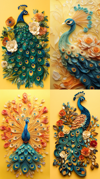 纸艺卷花孔雀全身像，对称构图，室内展示，暖黄背景，微距镜头，顶光，精致纹理，多彩羽毛，艺术感，